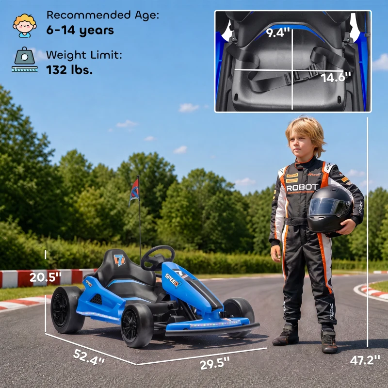 Qaba 24V Electric Drift Go Kart for Kids with Dual Motors, Soft Start, PU Wheels, 7.5MPH High Speed, for Ages 6-14, Blue