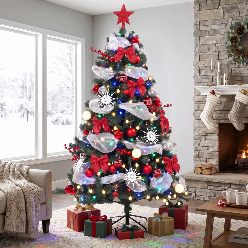 HOMCOM 5ft Prelit Christmas Tree Spruce, Remote, Hinged, Artificial Xmas Tree with 8 Modes, 450 Tips, 150 LEDs, Green Red