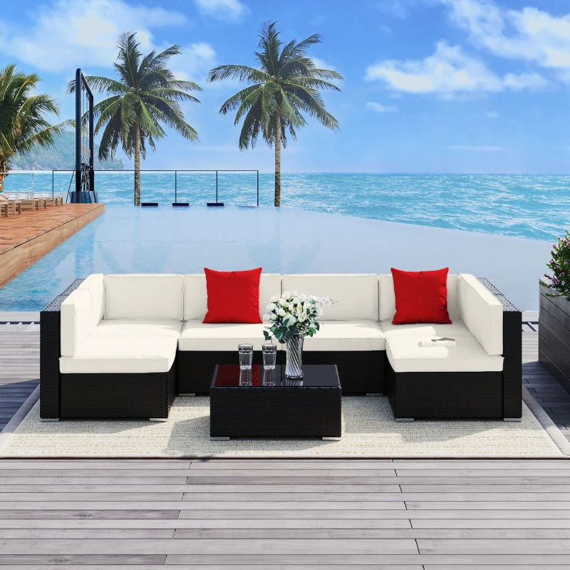Outsunny 7 Pieces Patio Sofa Outdoor Wicker Sectional Patio Furniture, Dark Brown & Beige