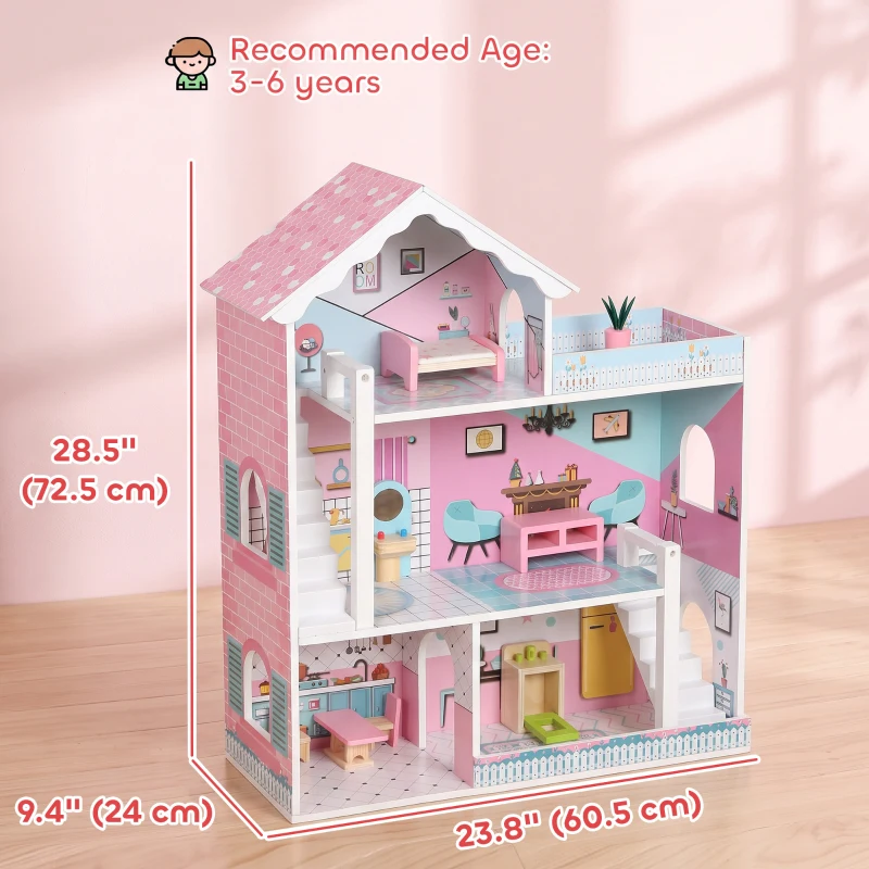 Qaba Wooden Doll House, Large 3-Storey Modern Dollhouse with 6 Rooms and 10 Accessories, for Girls Boys 3-6 Years, Pink