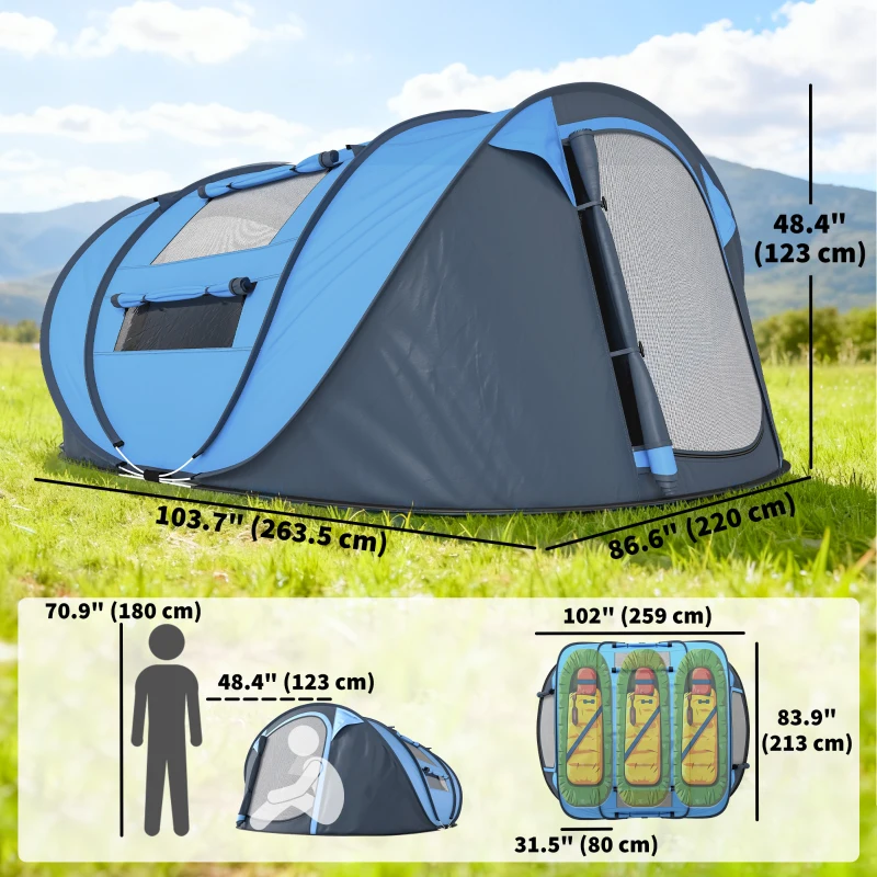 Outsunny 3 Person Camping Tent, Easy Pop Up Tent with Doors, Windows and Carry Bag, Automatic Setup Tent for Hiking, Blue