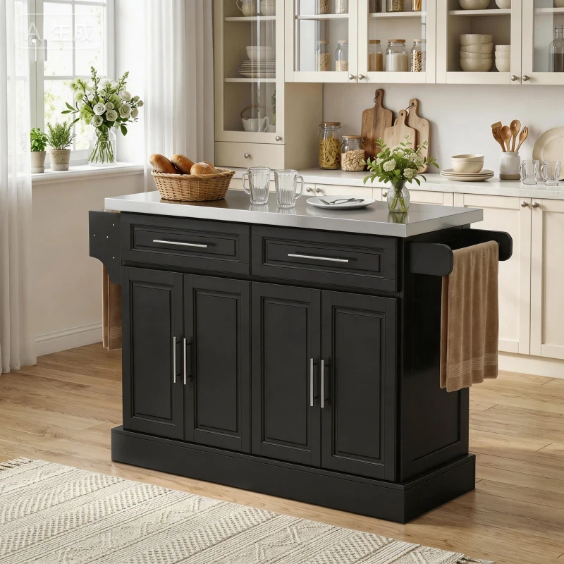 HOMCOM Rolling Kitchen Island with Storage and Stainless Steel Top, Kitchen Trolley with Drawers, Cabinets, Towel Rack
