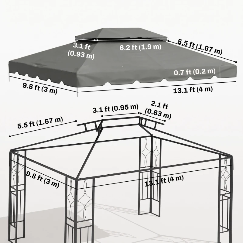 Outsunny 13' x 10' Gazebo Replacement Canopy, Gazebo Top Cover with Double Vented Roof for Garden Patio(TOP ONLY), Grey