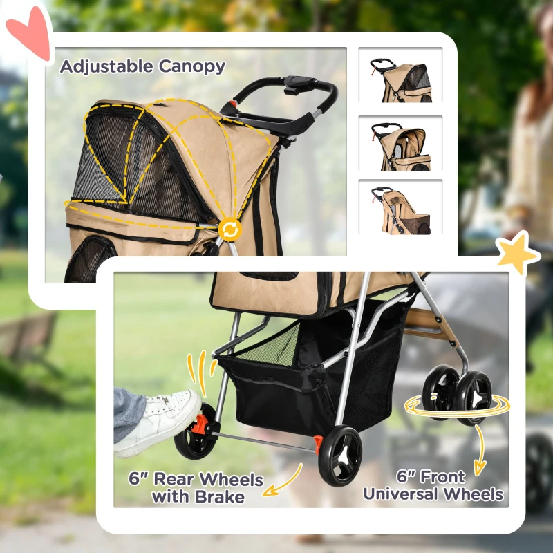 PawHut Pet Stroller Foldable Carrier for Cat, Dog and More 4 Wheels Travel Jogger with Cup Holder, Storage Basket, 360 ° swiveling front wheels, Easy Fold, Coffee