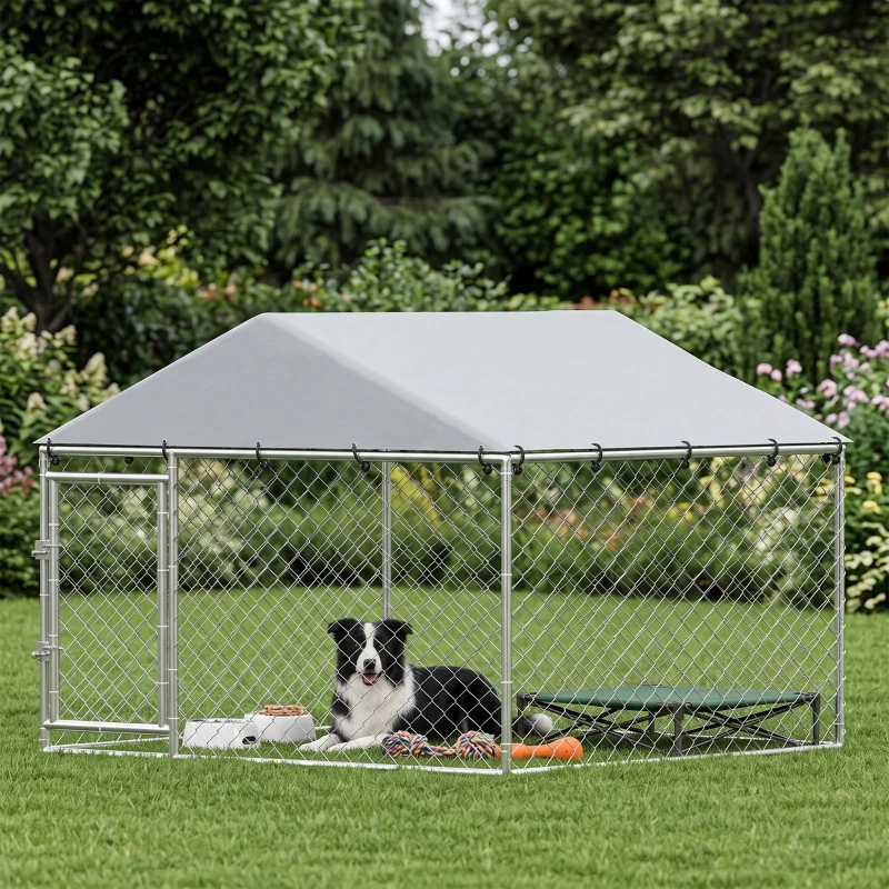PawHut 6.6' x 6.6' x 4.9' Outdoor Dog Kennel Heavy Duty Galvanized Steel Chain Link with UV-resistant Roof, Silver