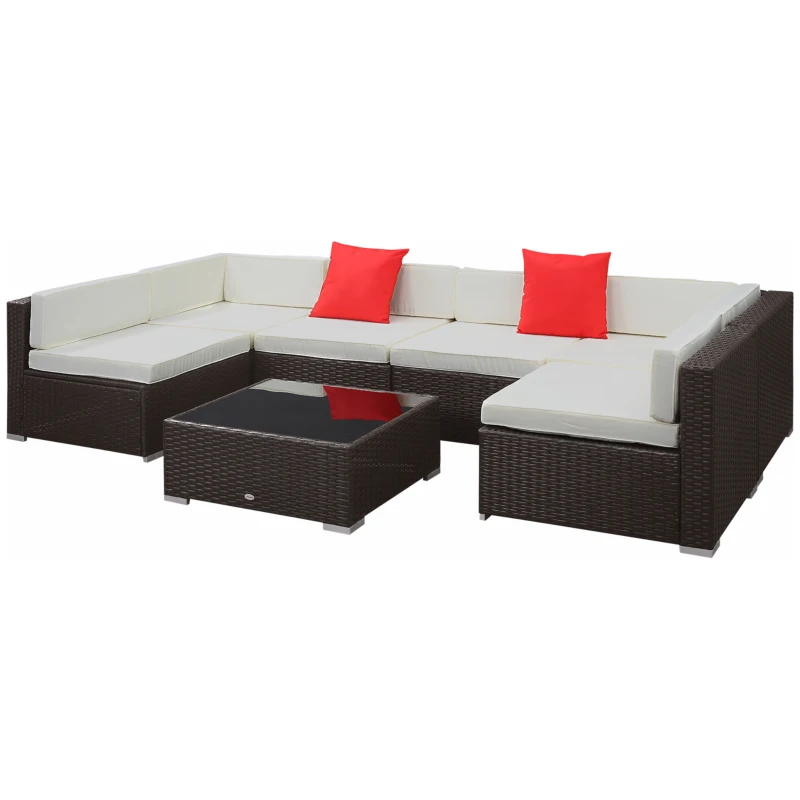 Outsunny 7 Pieces Patio Sofa Outdoor Wicker Sectional Patio Furniture, Dark Brown & Beige