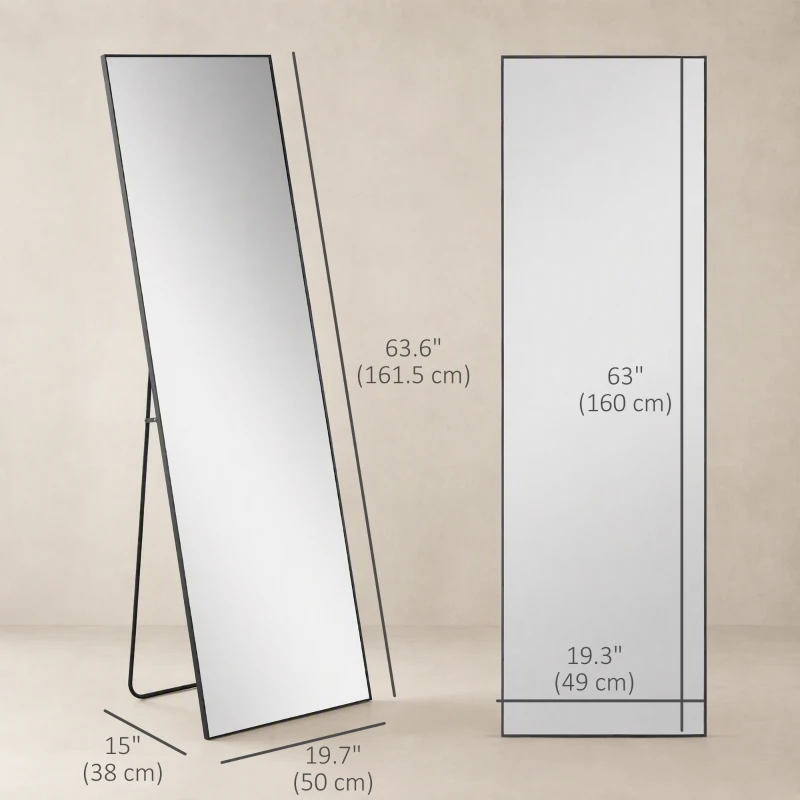 HOMCOM 64"x20" Full Length Mirror, Tempered Glass Floor Mirror with Stand, Standing, Hanging or Leaning Against Wall, Black