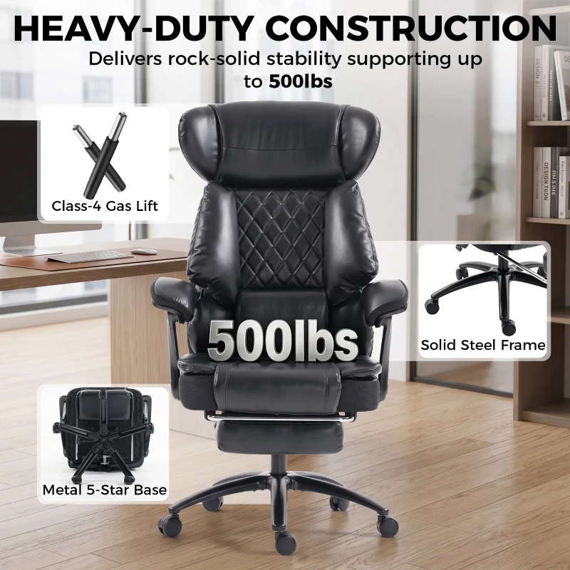 HOMCOM Big and Tall Office Chair with Adjustable Headrest, 500 lbs, Wide Seat, Lumbar Support, Desk Chair, Footrest