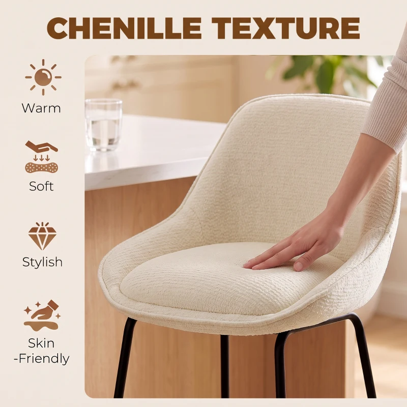 HOMCOM Bar Stools Set of 2 Chenille Barstools Counter Height Bar Chairs Backrest Footrest Cream White