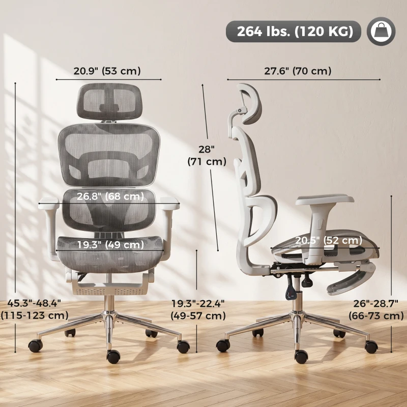 HOMCOM Ergonomic Office Chair with Lumbar Support, 2D Headrest, Mesh Reclining Desk Chair with Footrest, Swivel Wheels, Grey