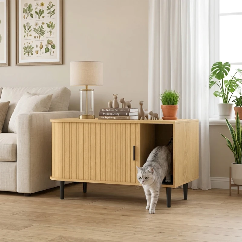 PawHut Cat Litter Box Enclosure with Sliding Door, Litter Mat, Fit Most of Litter Box, End Table, Modern Style