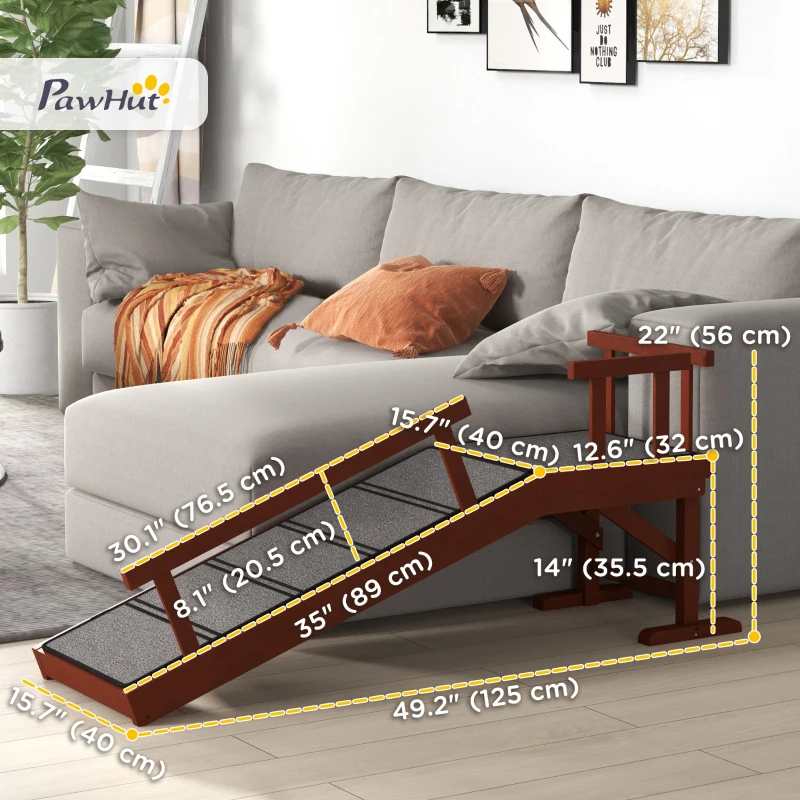 PawHut Wooden Dog Ramp for Large Dogs, 49" Long, with Non-slip Rug, Removable Guardrails for Couch, Bed, Brown
