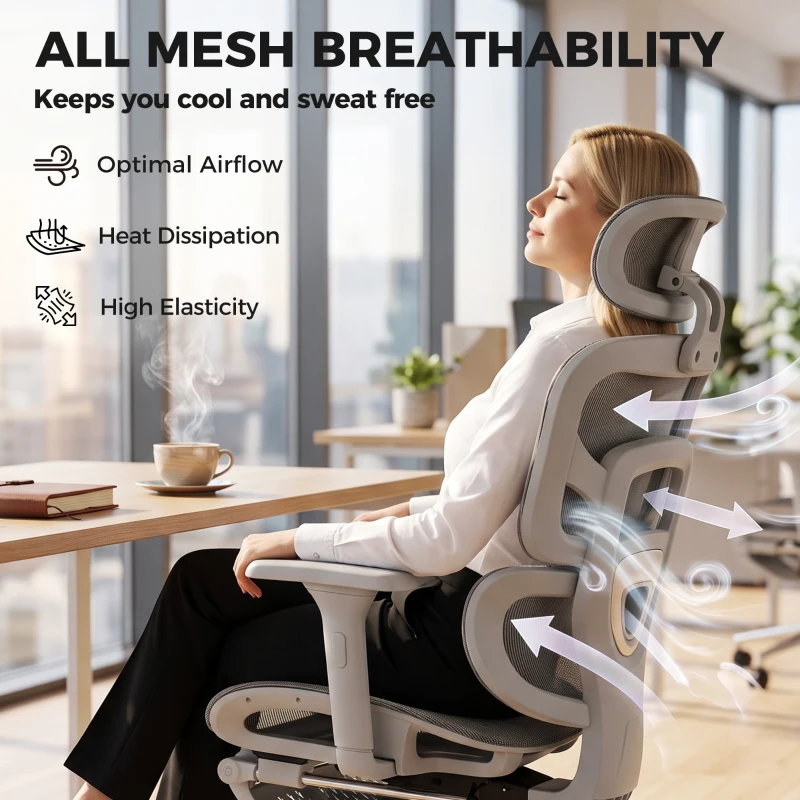 HOMCOM Ergonomic Office Chair with Lumbar Support, 2D Headrest, Mesh Reclining Desk Chair with Footrest, Swivel Wheels, Gray