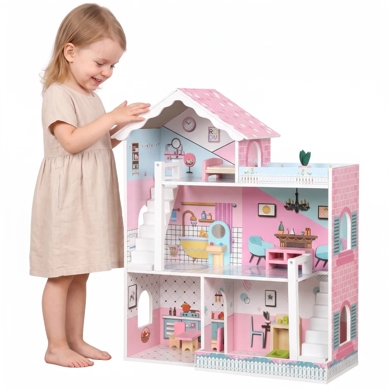 Qaba Wooden Doll House, Large 3-Storey Modern Dollhouse with 6 Rooms and 10 Accessories, for Girls Boys 3-6 Years, Pink