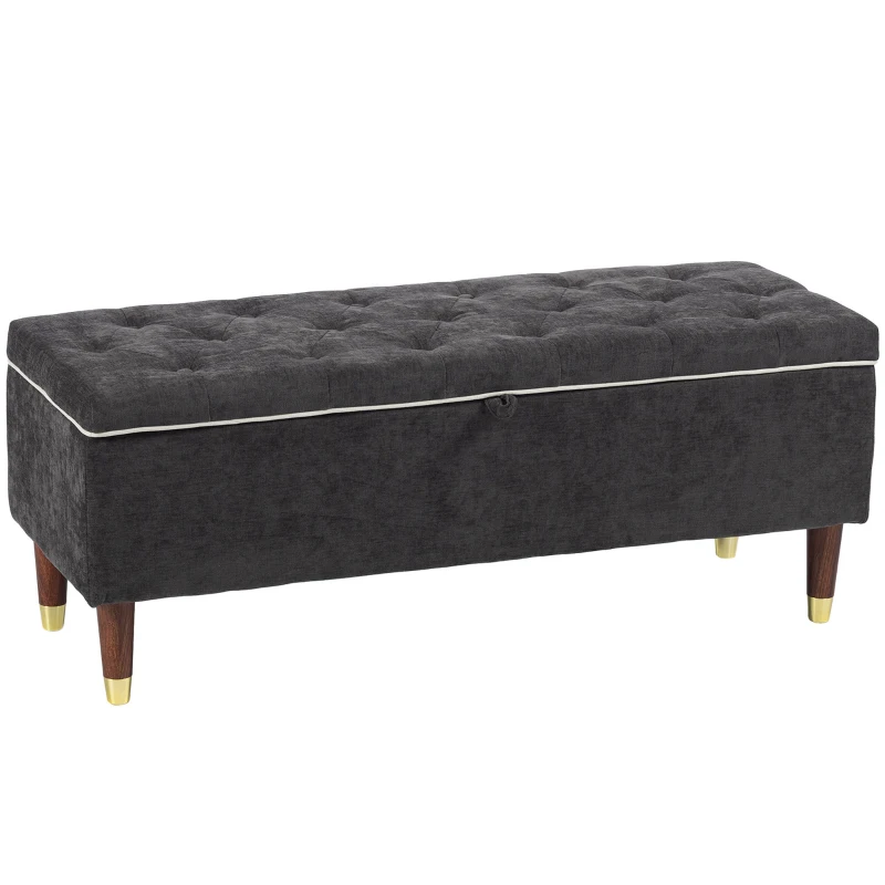 HOMCOM Storage Ottoman Bench, Linen-Look Upholstered Seat, 264 LBS Capacity, End of Bed Bench, Dark Grey