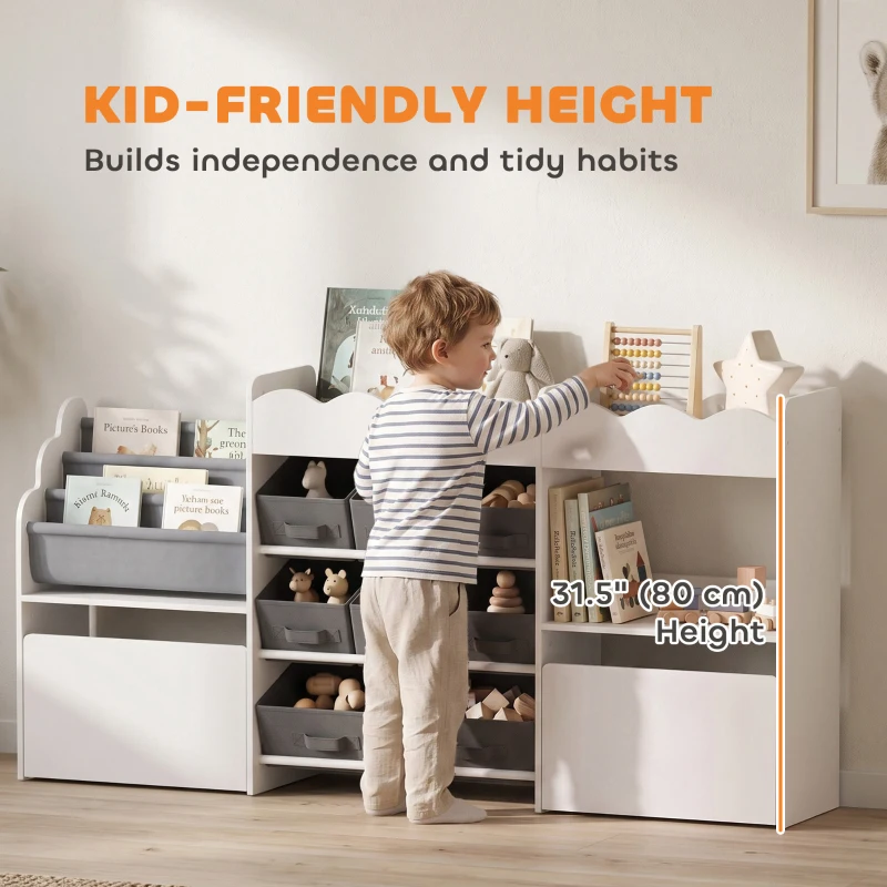 Qaba Kids Toy Storage Organizer, Kids Bookshelf with 8 Fabric Bins, 2 Rolling Drawers, Open Shelves for Kids Room, White