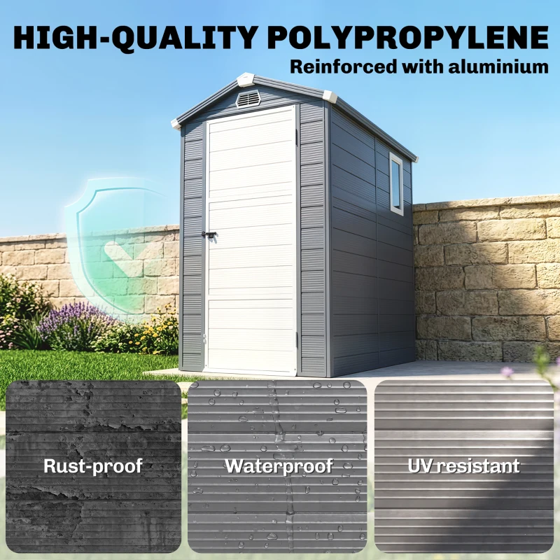 Outsunny 4.5' x 6' Plastic Garden Storage Shed with Latch Door, Vents, Sloped Roof, Dark Grey