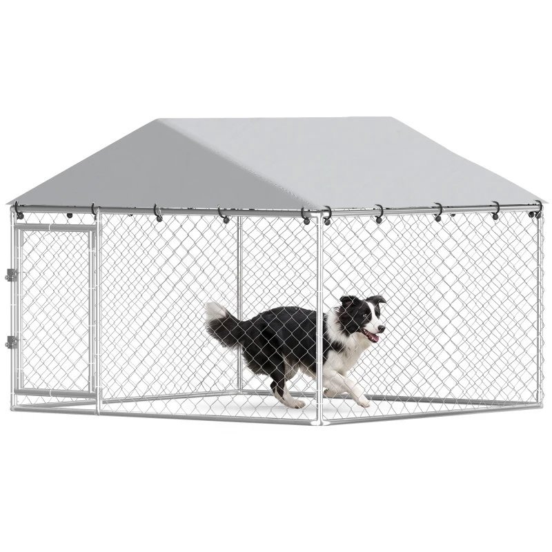 PawHut 6.6' x 6.6' x 4.9' Outdoor Dog Kennel Heavy Duty Galvanized Steel Chain Link with UV-resistant Roof, Silver