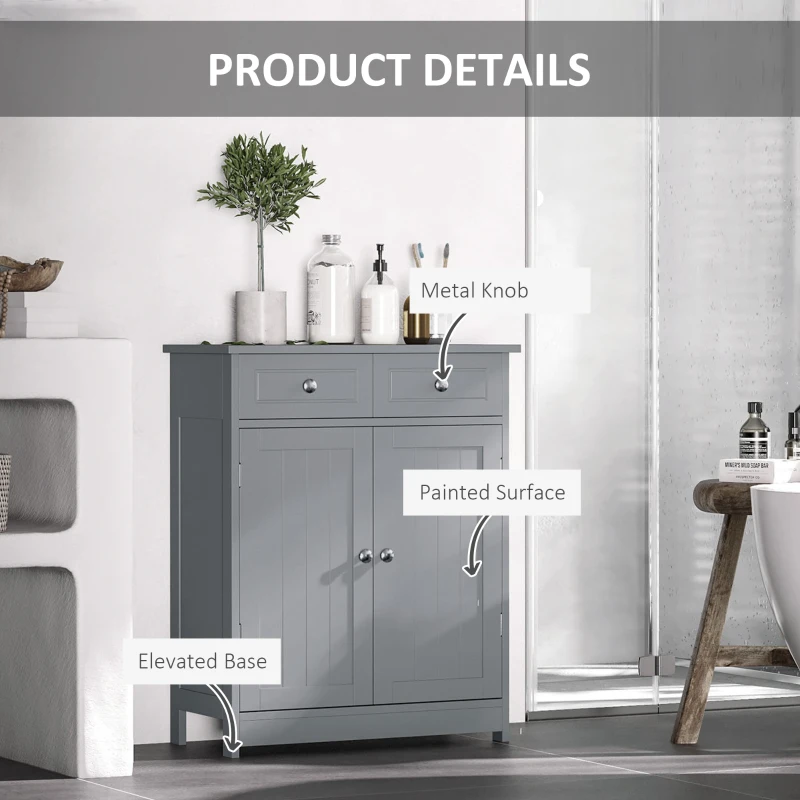 kleankin Freestanding Bathroom Floor Cabinet, Organizer Floor Tower with 2 Door, 2 Drawers, Adjustable Shelf, Grey