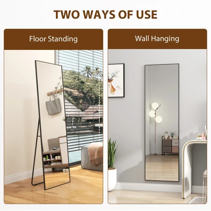HOMCOM 64"x20" Full Length Mirror, Tempered Glass Floor Mirror with Stand, Standing, Hanging or Leaning Against Wall, Black