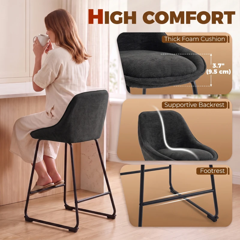 HOMCOM Bar Stools Set of 2 Chenille Barstools Counter Height Bar Chairs Backrest Footrest Black