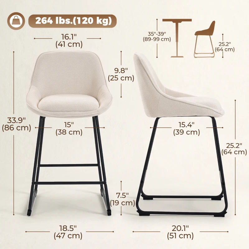 HOMCOM Bar Stools Set of 2 Chenille Barstools Counter Height Bar Chairs Backrest Footrest Cream White