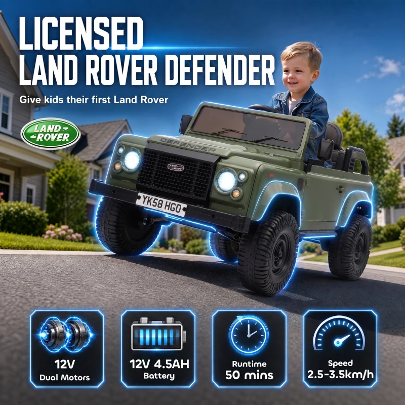 Qaba 12V Electric Car for Kids 3+ Years, Licensed Land Rover Defender Toddler Ride on Car w/ Remote Control, Green