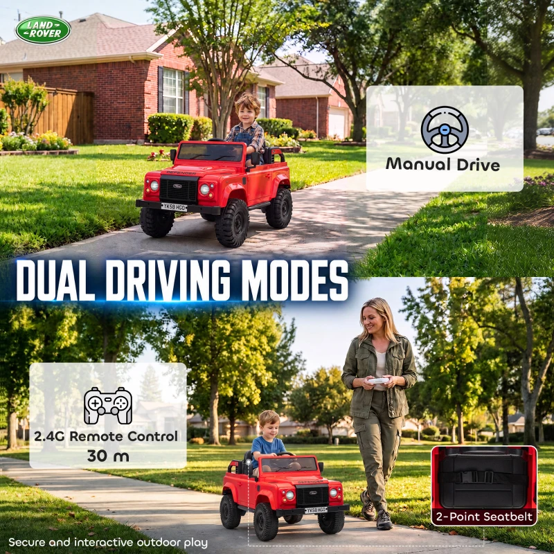 Qaba 12V Electric Car for Kids 3+ Years, Licensed Land Rover Defender Toddler Ride on Car w/ Remote Control, Red