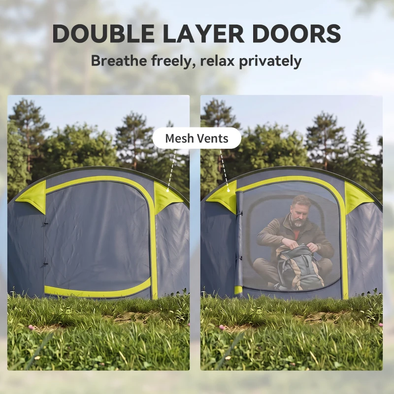 Outsunny 3 Person Camping Tent, Easy Pop Up Tent with Doors, Windows and Carry Bag, Automatic Setup Tent for Hiking, Yellow
