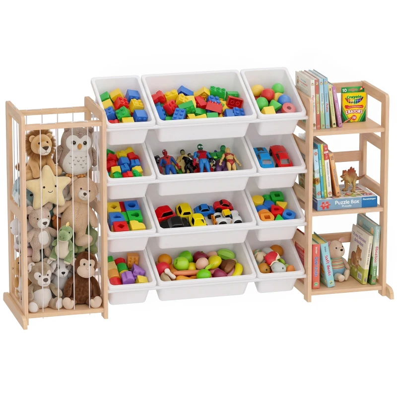 Qaba 3-in-1 Wooden Toy Storage Organizer with Stuffed Animal Storage, Bookshelf, 12 Bins for Bedroom, Playroom, Nursery
