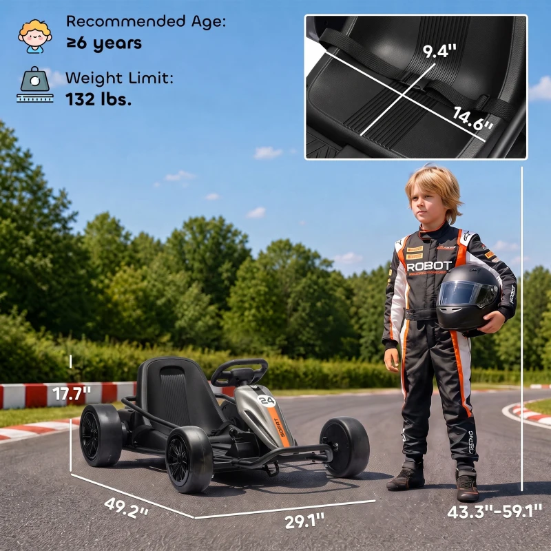 Qaba 24V Electric Drift Go Kart for Kids with Dual Motors, Soft Start, PU Wheels, 7.5MPH High Speed, for Ages 6+, Gray