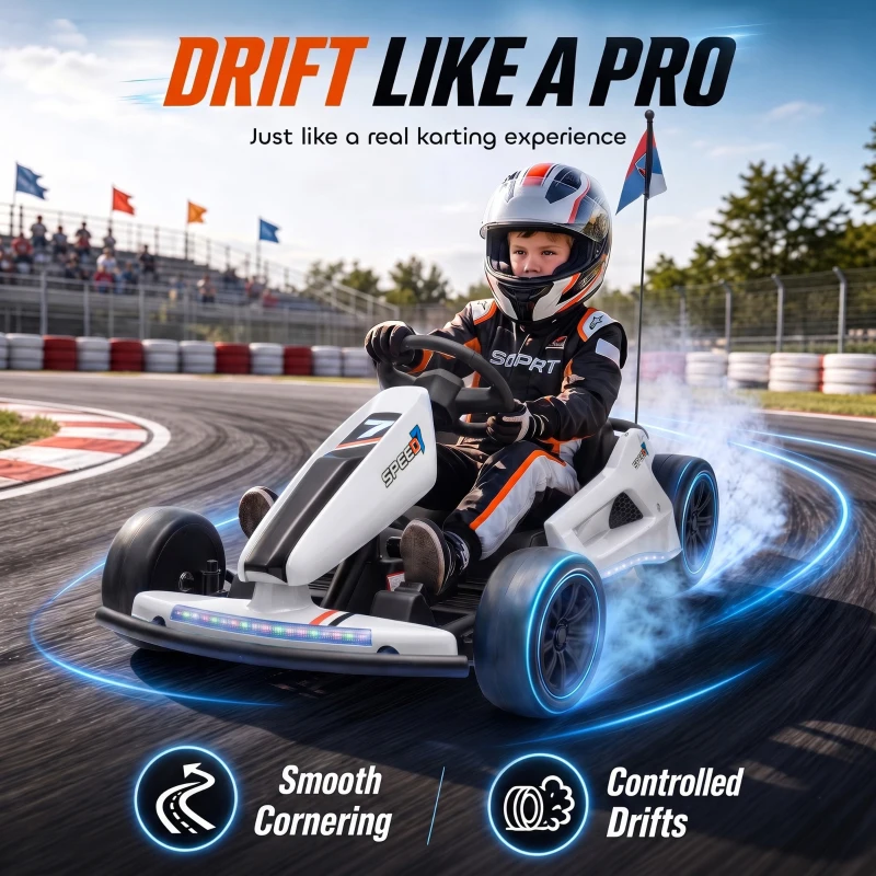 Qaba 24V Electric Drift Go Kart for Kids with Dual Motors, Soft Start, PU Wheels, 7.5MPH High Speed, for Ages 6-14, White