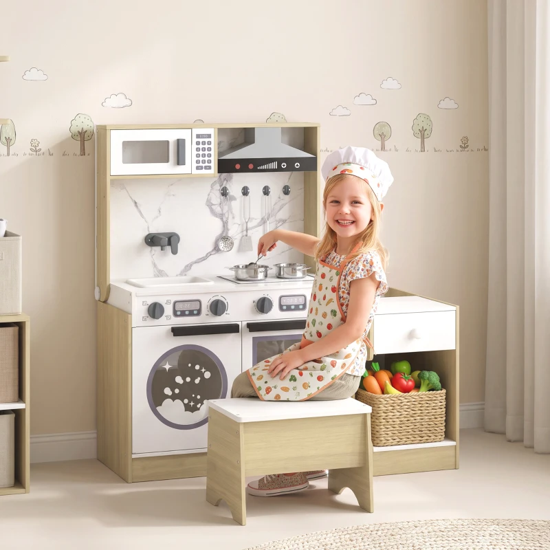 Qaba Play Kitchen Set for Kids, 2-in-1 Convertible Table and Chair Set, Kitchen Playset with Sink, Oven, Accessories for 3-8