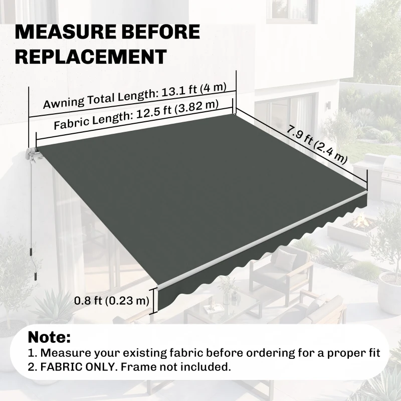 Outsunny 13' x 8' Retractable Awning Fabric Replacement Outdoor Sunshade Canopy Awning Cover, UV Protection, Grey