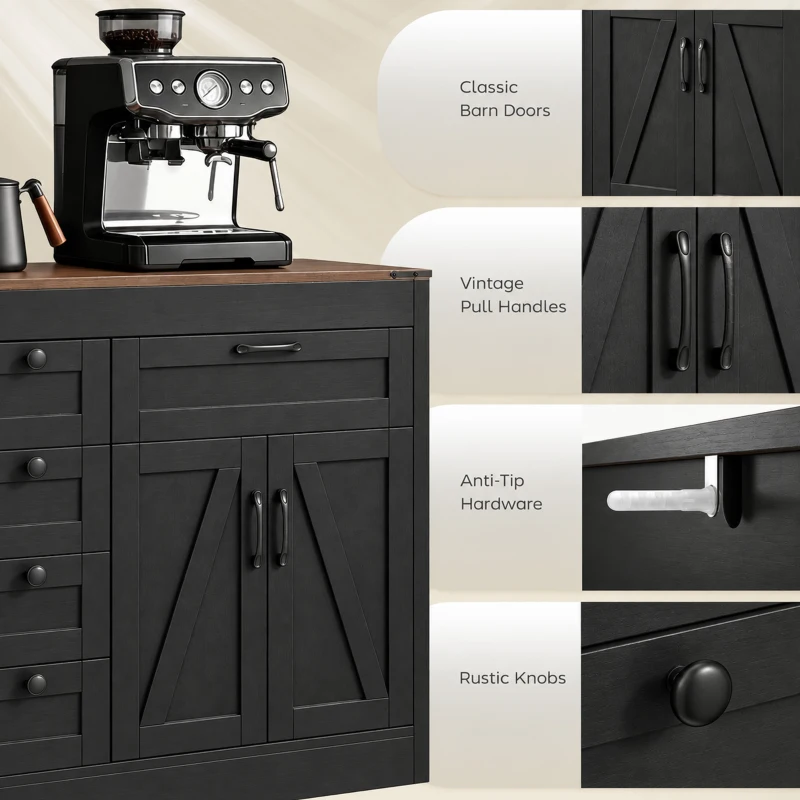 HOMCOM Sideboard Buffet Cabinet, 55" Farmhouse Kitchen Cabinet with 4 Barn Doors, 6 Drawers and 2 Adjustable Shelves, Black