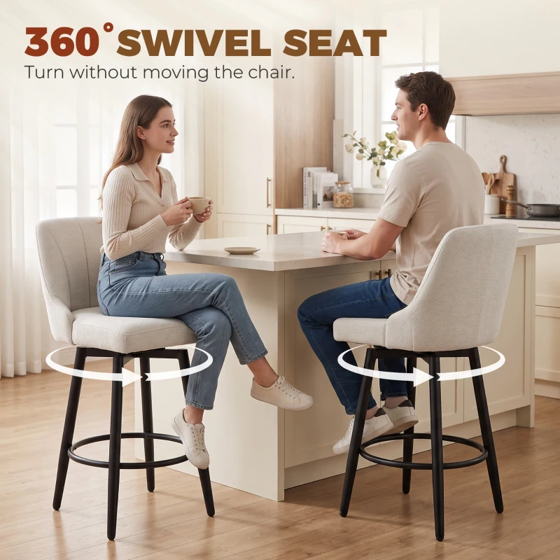 HOMCOM Bar Stools Modern Swivel Counter Height Stools Backrest Set of 2 Cream White