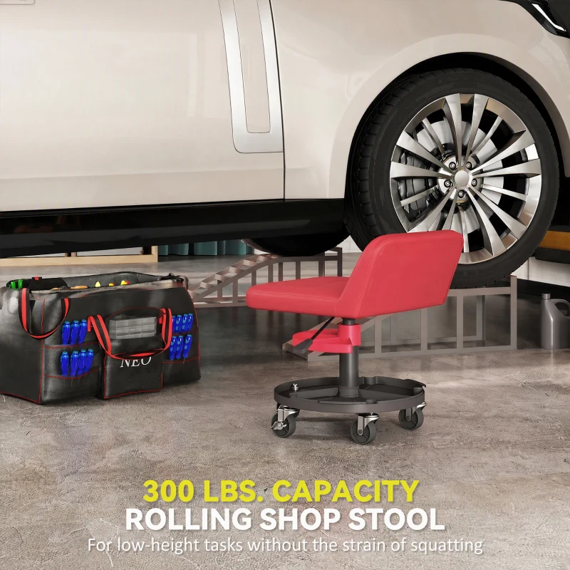 HOMCOM Rolling Creeper Garage Stool, 300 LBS Capacity Mechanic Stool with 360° Wheels, Tool Tray, Adjustable Height, Red