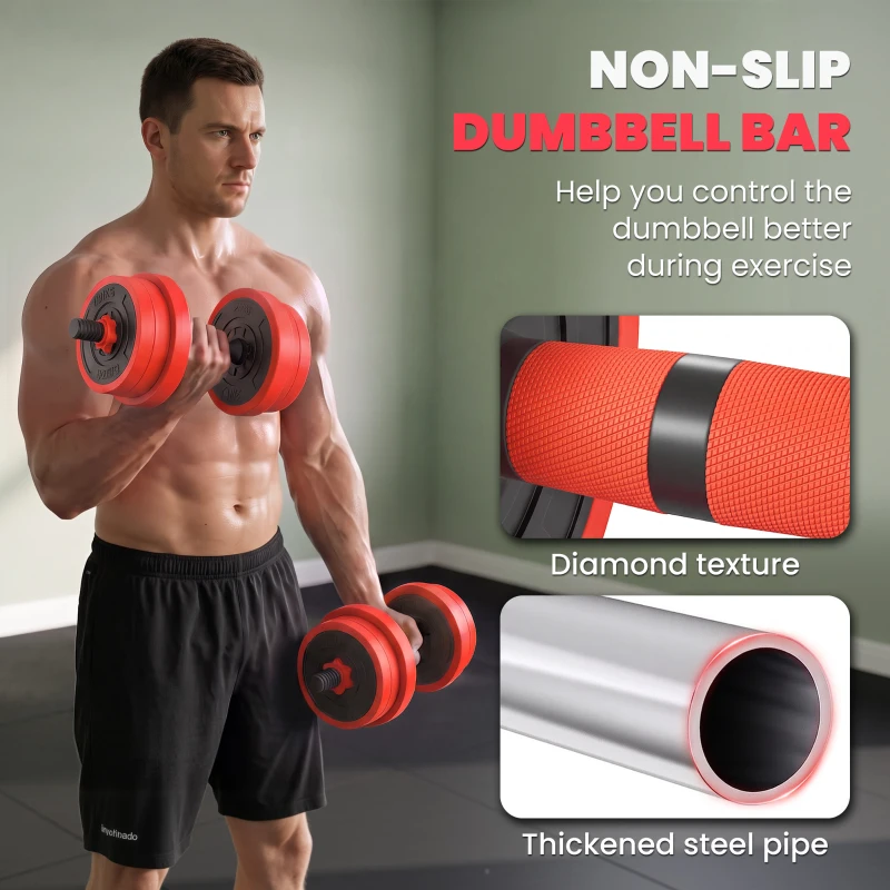 Soozier 44lbs 4-in-1 Adjustable Weight Dumbbell Set, Barbell, Kettlebell, Push Up Stand, Red