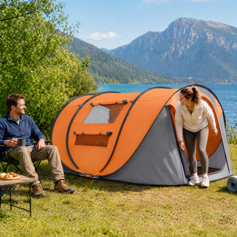 Outsunny 3 Person Camping Tent, Easy Pop Up Tent with Doors, Windows and Carry Bag, Automatic Setup Tent for Hiking, Orange