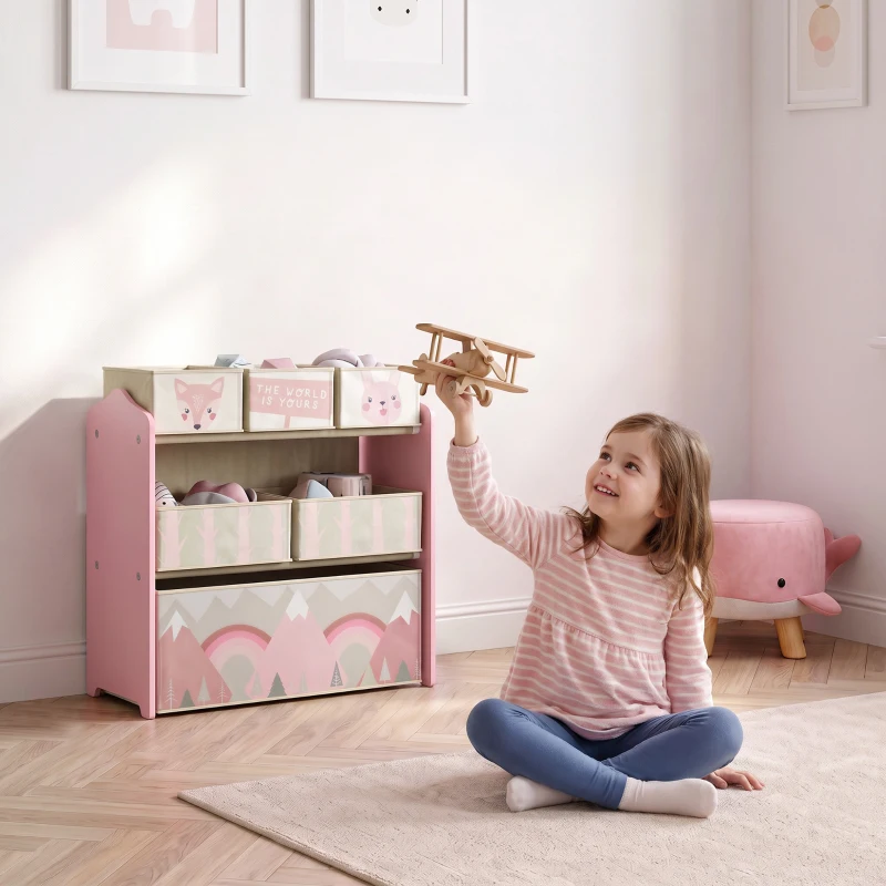 Qaba Toy Organizer with 6 Storage Bins, 25" x 12" x 26", Pink