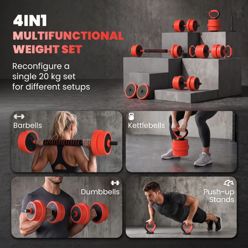 Soozier 44lbs 4-in-1 Adjustable Weight Dumbbell Set, Barbell, Kettlebell, Push Up Stand, Red