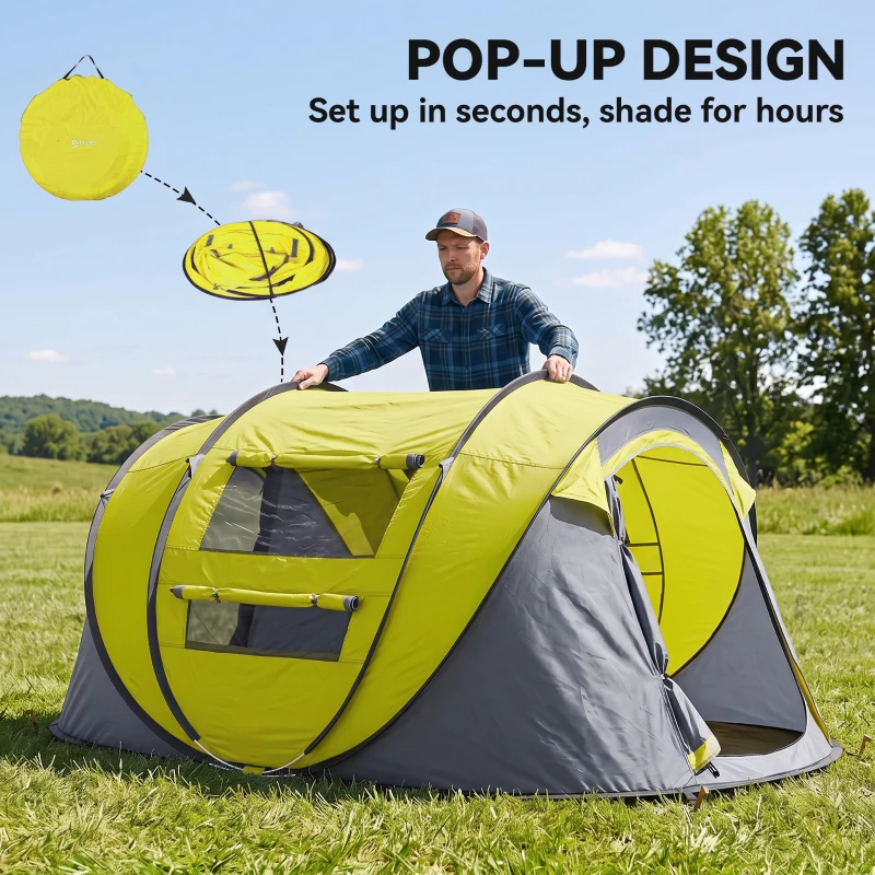 Outsunny 3 Person Camping Tent, Easy Pop Up Tent with Doors, Windows and Carry Bag, Automatic Setup Tent for Hiking, Yellow