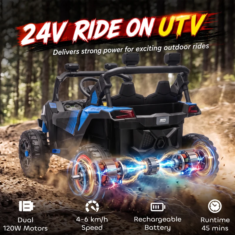 Qaba 24V 2 Seater Ride On Truck Car for Kids with Remote Control, Dual Motors, 4-Wheel Suspension, Storage for Ages 3-8, Blue