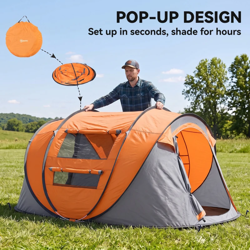 Outsunny 3 Person Camping Tent, Easy Pop Up Tent with Doors, Windows and Carry Bag, Automatic Setup Tent for Hiking, Orange
