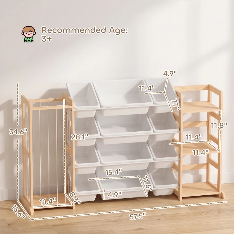 Qaba 3-in-1 Wooden Toy Storage Organizer with Stuffed Animal Storage, Bookshelf, 12 Bins for Bedroom, Playroom, Nursery