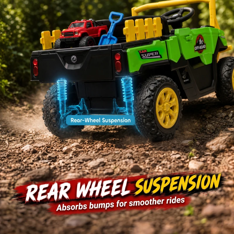 Qaba Kids Ride On Tractor, 12V Electric Tractor with Remote Control, Dual Motors, Music, Cargo Bed, Rear Suspension, Green