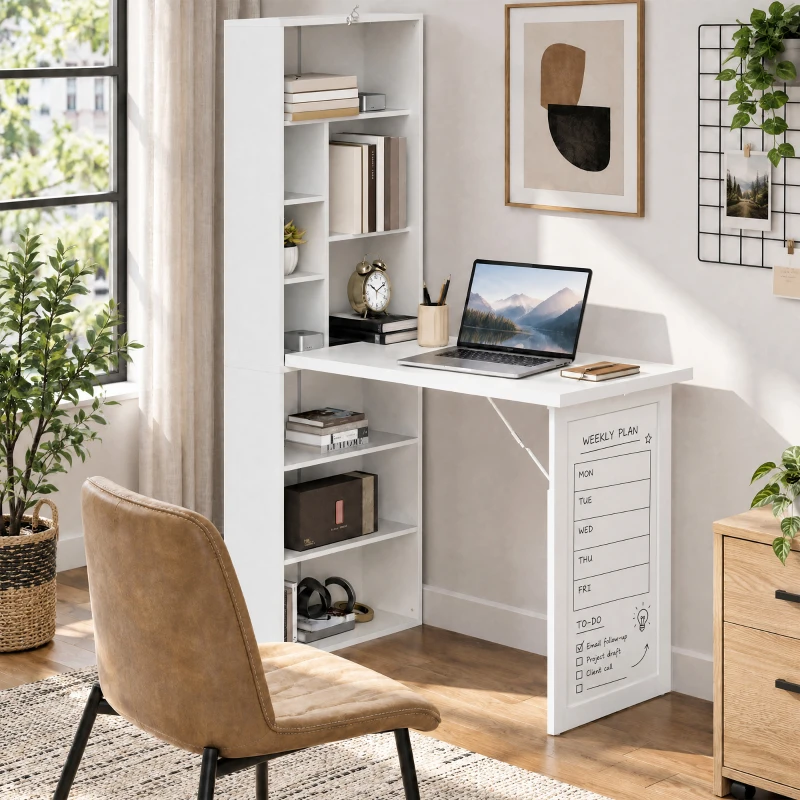 HOMCOM Fold-out Convertible Office Desk, Wall Mount Computer Desk with Whiteboard and Side Shelf, White