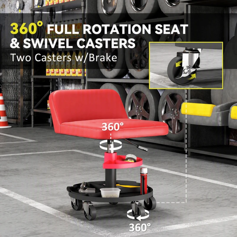 HOMCOM Rolling Creeper Garage Stool, 300 LBS Capacity Mechanic Stool with 360° Wheels, Tool Tray, Adjustable Height, Red
