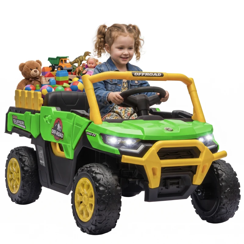 Qaba Kids Ride On Tractor, 12V Electric Tractor with Remote Control, Dual Motors, Music, Cargo Bed, Rear Suspension, Green