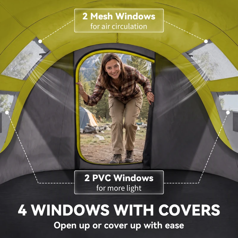 Outsunny 3 Person Camping Tent, Easy Pop Up Tent with Doors, Windows and Carry Bag, Automatic Setup Tent for Hiking, Yellow